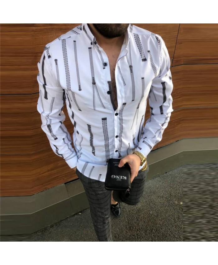 S-2XL Men Creative Zipper Printed Loose Shirt