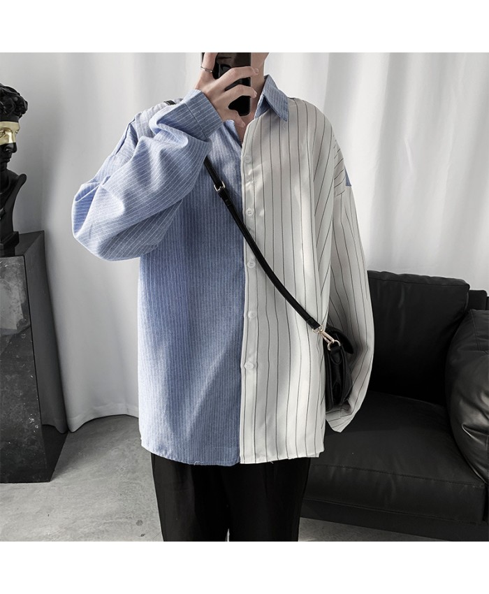 Men Casual Long Sleeve Lapel Single-breasted Stripe Printed Color Blocking Shirt