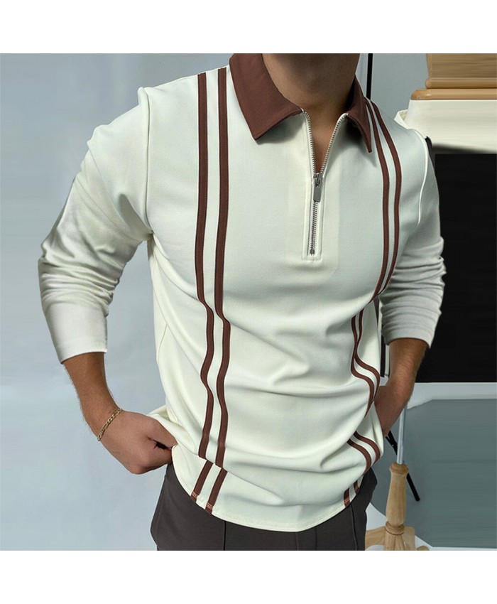 Men Casual Long Sleeve Lapel Half Zipper Stripe Printed Polo Shirt