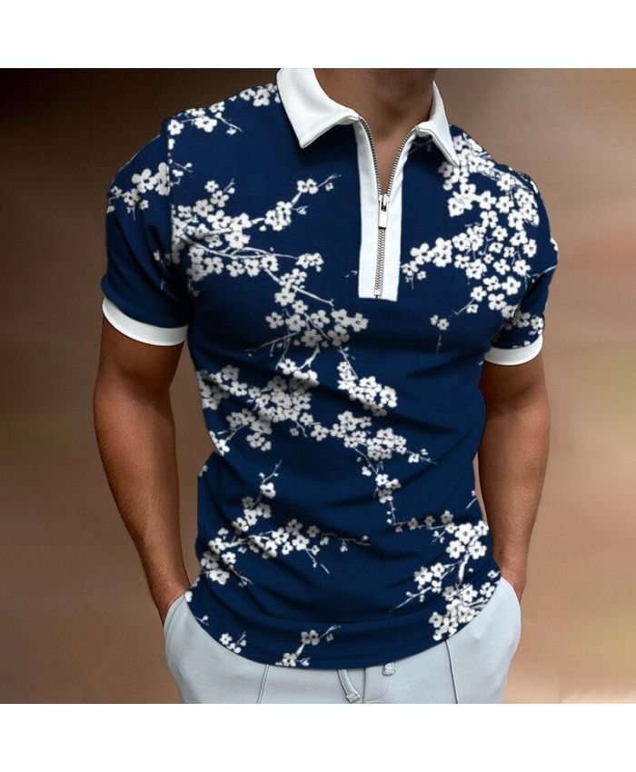 Men Casual Short Sleeve Lapel Half Zipper Color Blocking Pattern Printed Polo Shirt