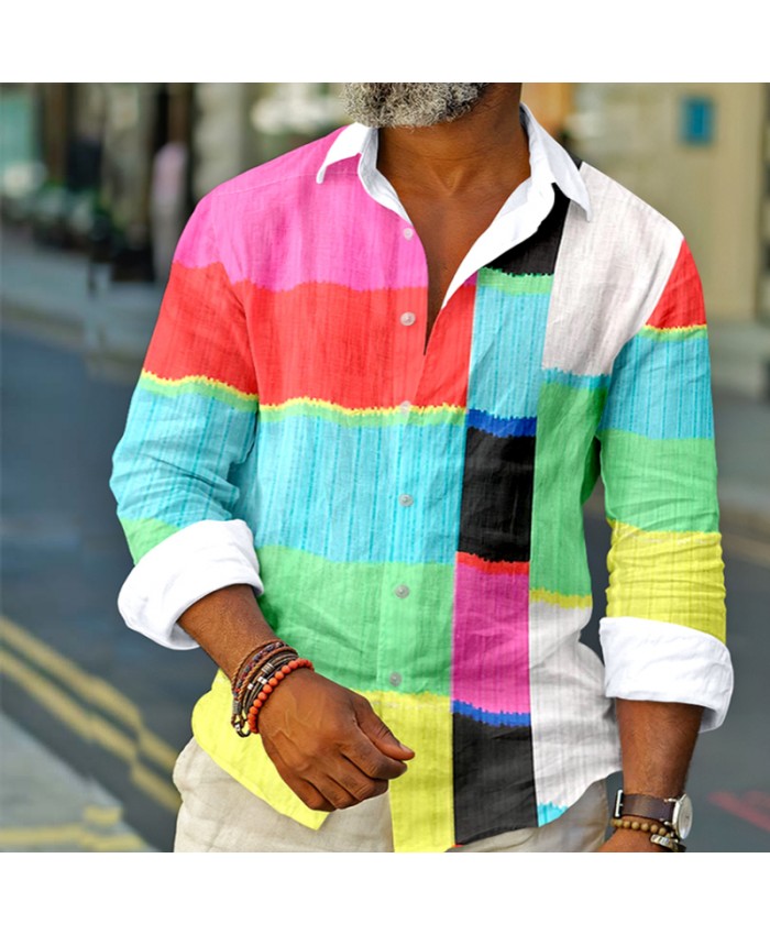 Summer Casual Loose Long Sleeve Men Vintage Color Blocking Pattern Shirt