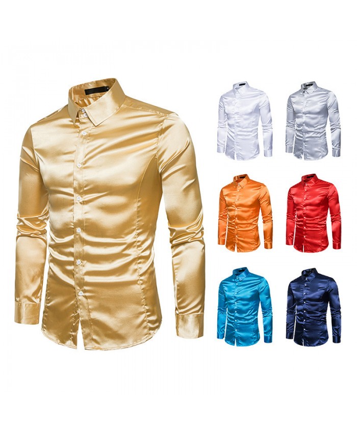 Men Fashion Solid Color Satin Casual Lapel Long Sleeve Shirt