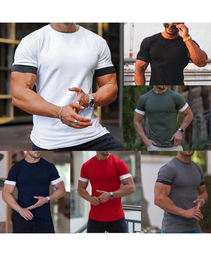 Summer Leisure Sports Fitness Men Solid Color Moisture Wicking Crew Neck T-Shirt