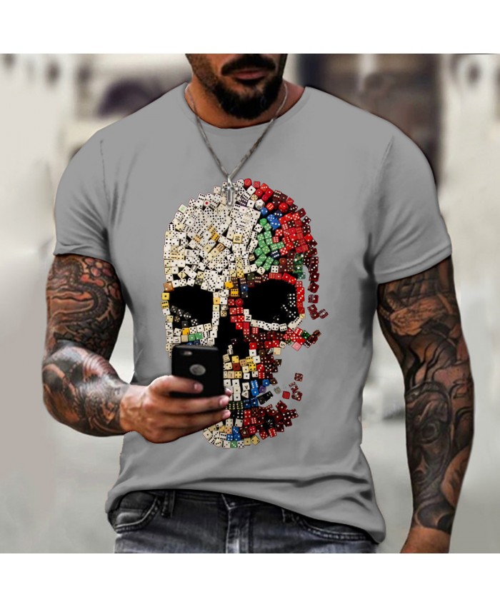 Men Fashion Casual Loose Plus Size Round Neck Short-Sleeved Skull Graphic 3d Printed T-Shirt