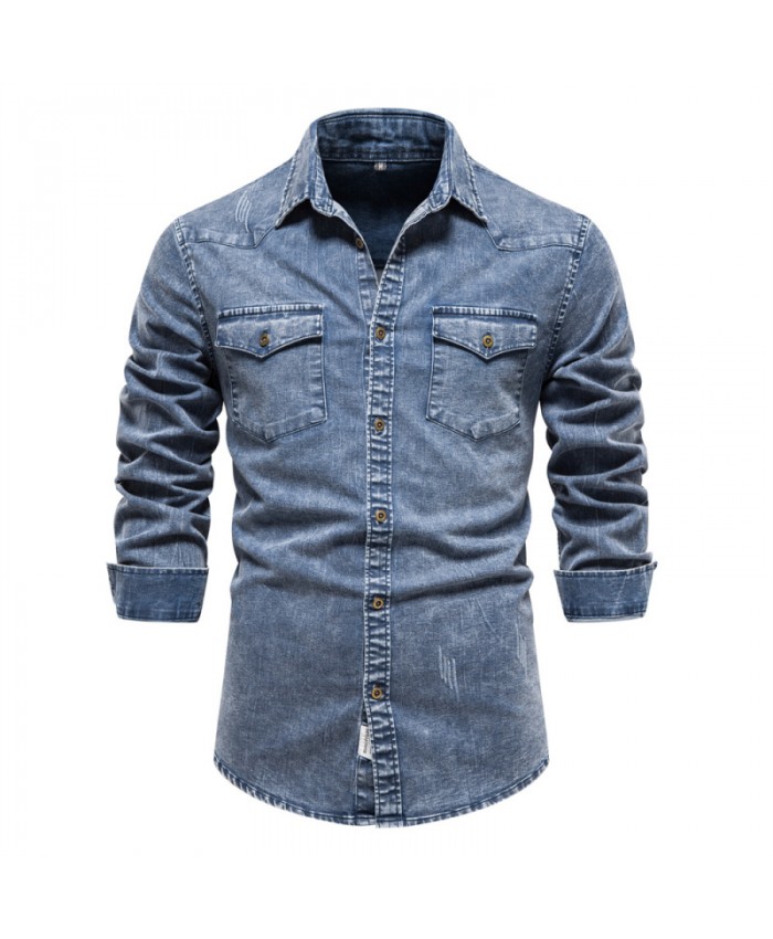 Men Casual Solid Color Lapel Long Sleeve Slim Denim Shirt