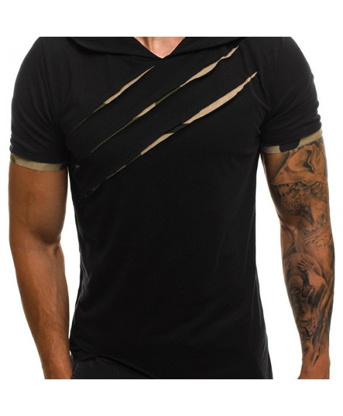 Men Casual Broken Copper Camouflage Personality Fitness Pleated Short-Sleeved Hooded Slim T-Shirt