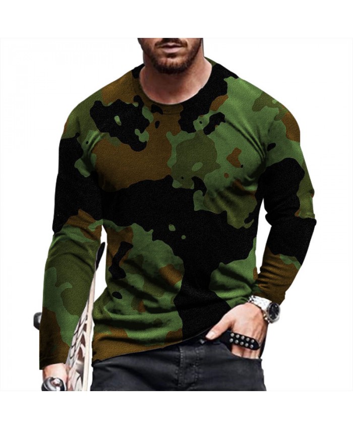 Men Fashion Round Neck Long Sleeve Large Size Loose Camouflage 3D Printing T-Shirt