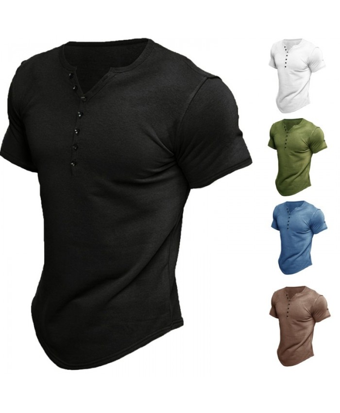 Men Casual Solid Color Short-Sleeved Button T-Shirt