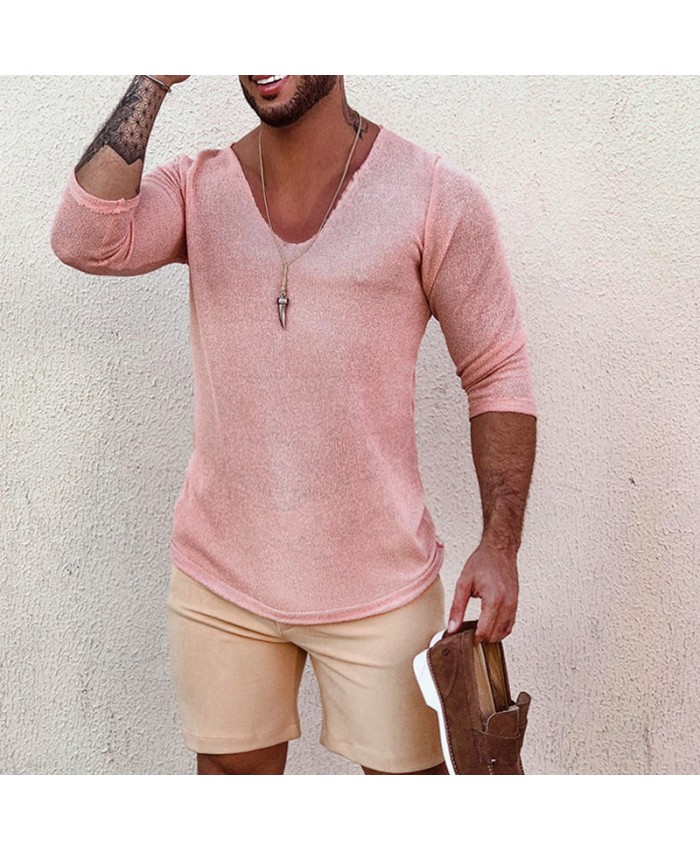 Men'S Casual Solid Color V Neck Loose Long Sleeve T-Shirt