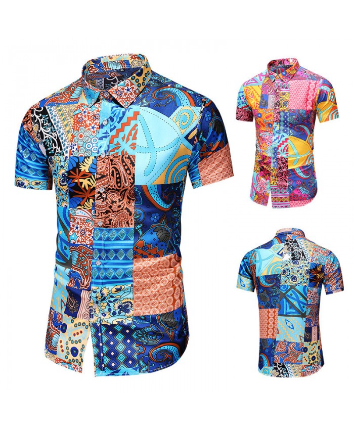 Men'S Fashion Plus Size Printed Lapel Short Sleeve Shirt