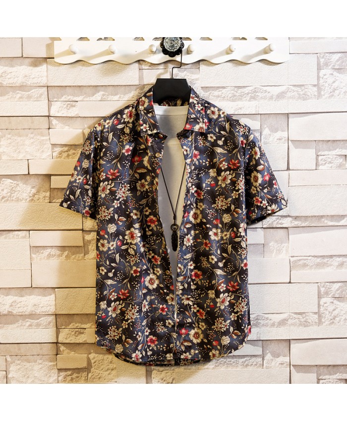 Men Fashion Floral Print Large Size Short Sleeve Loose Shirt