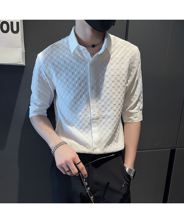 Men Casual Ice Silk Jacquard Short-Sleeved Slim-Fit Shirt