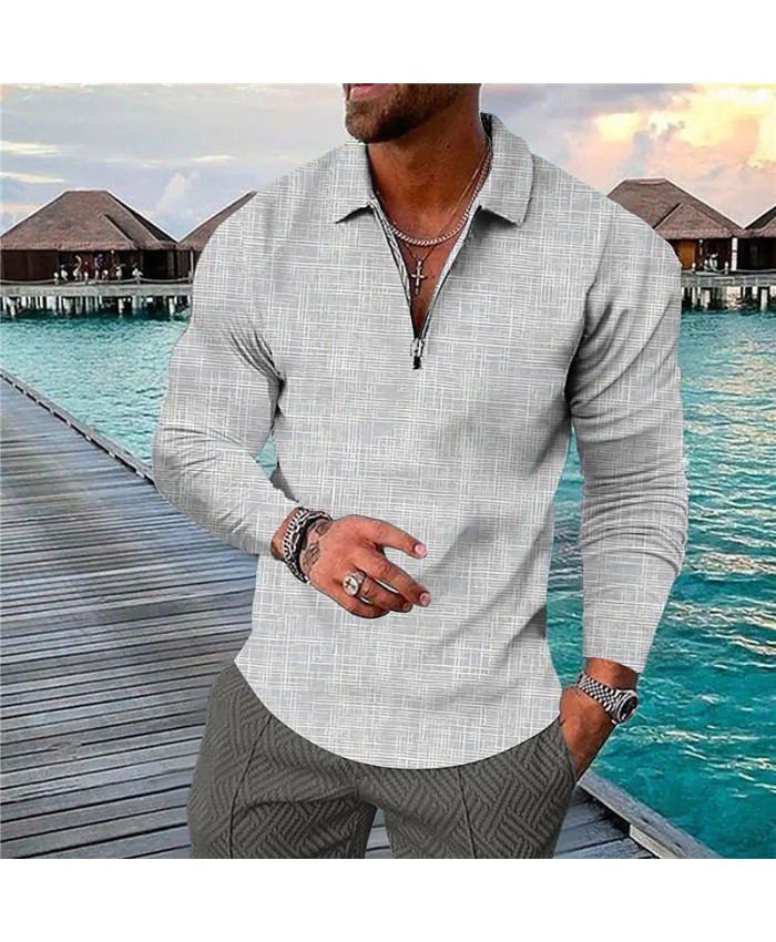 Men Casual Basic Lapel Zipper Long Sleeve Large Size Loose Polo Shirt