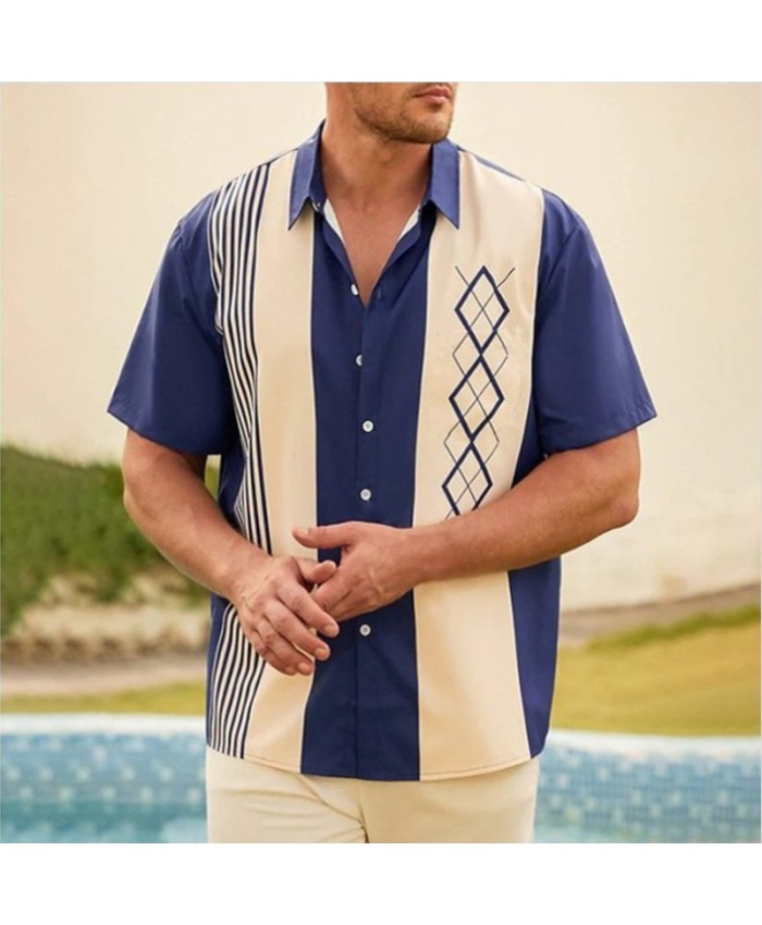 Men Fashion Stripe-Block Lapel Short-Sleeved Shirt