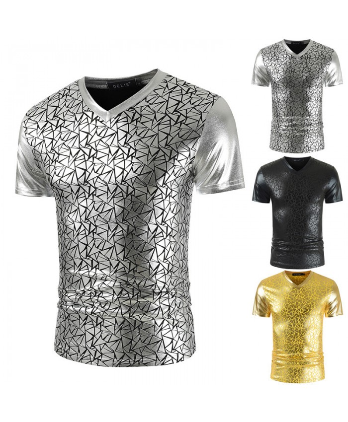 Men Casual V-Neck Shiny Slim-Fit Short-Sleeved T-Shirt