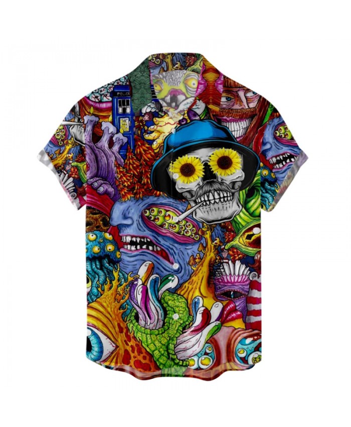 Men Casual Basic Skull Print Large Size Loose Lapel Short-Sleeved Shirt