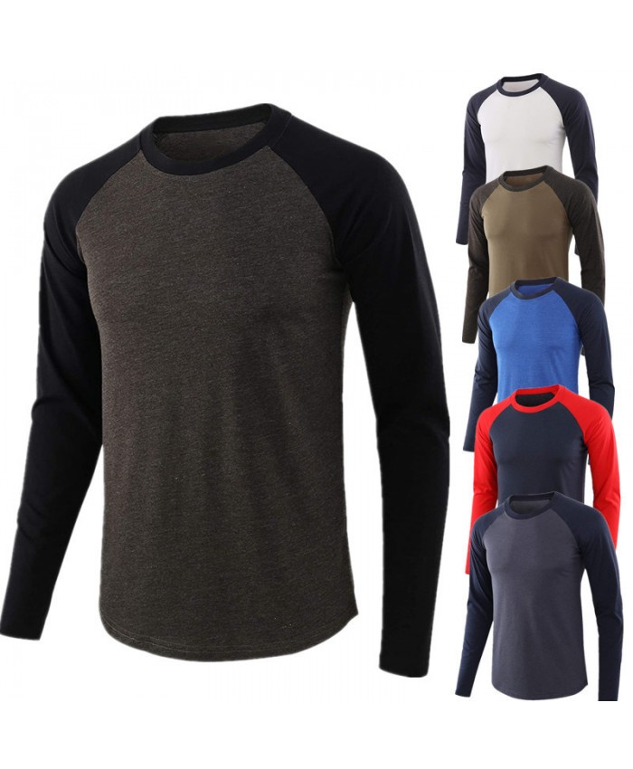 Men Casual Basic Round Neck Color Matching Long-Sleeved T-Shirt