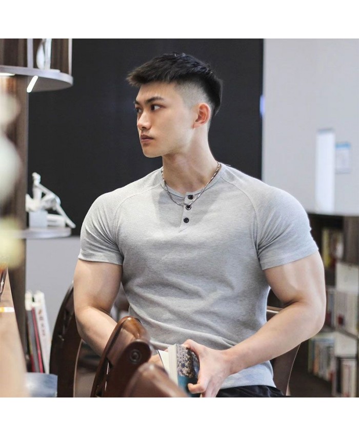 Men Fashion Solid Color Round Neck Short Sleeve Sports T-Shirt