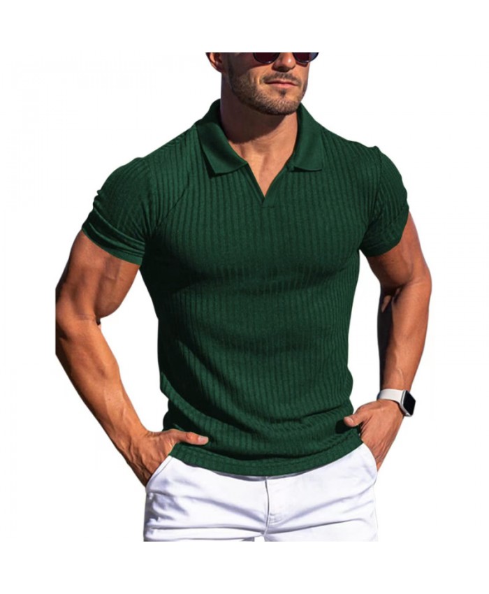 Men Fashion Casual Solid Color Vertical Stripe Short-Sleeved Polo Shirt Lel V-Neck T-Shirt