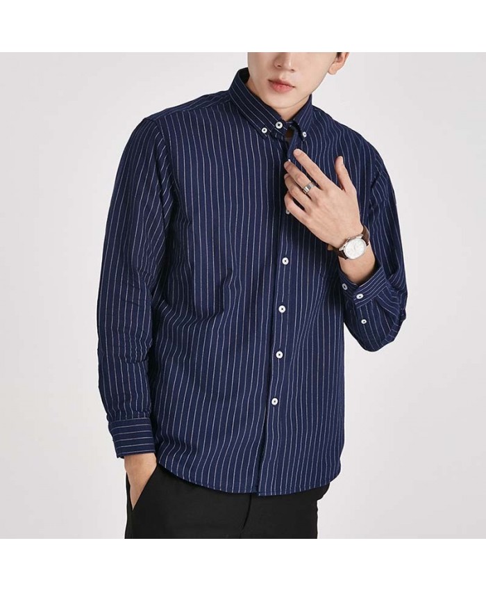 Men Fashion Casual Basic Stripe Long Sleeve Lapel Plus Size Shirt