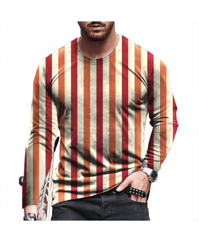 Men Fashion Casual Versatile 3D Stripe Print Plus Size Long Sleeve Round Neck T-Shirt