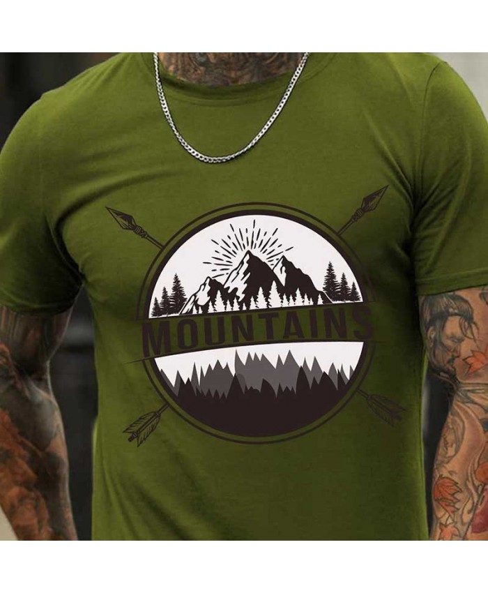 Men Fashion Casual Basic Forest Peak Letter Print Short Sleeve Round Neck T-Shirt