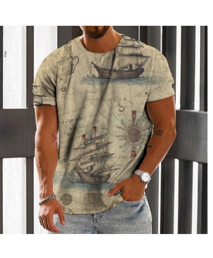 Men Fashion Casual Basic Sailboat Print Plus Size Short Sleeve Round Neck T-Shirt