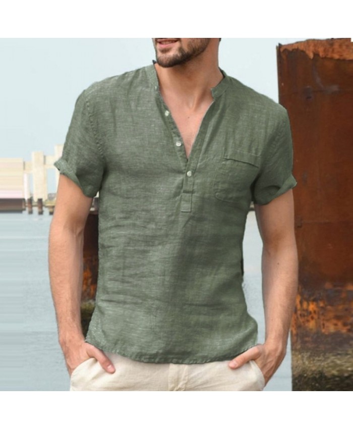 Men Fashion Casual Basic Solid Color Short Sleeve Stand Collar Shirt