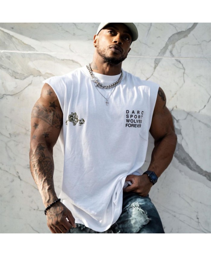 Men Fashion Casual Sports Letter Print Sleeveless Round Neck T-Shirt