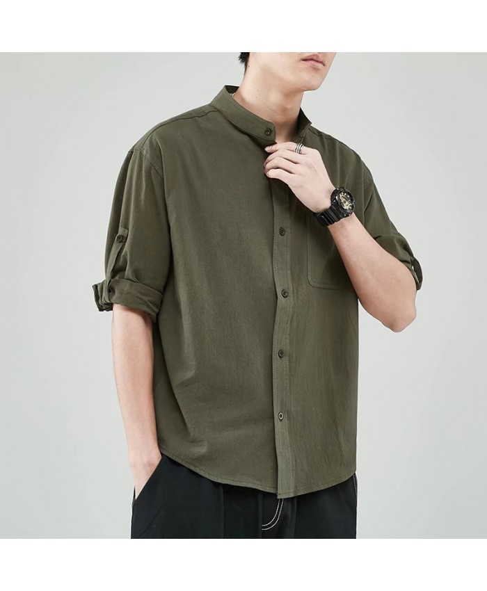 Men Fashion Casual Solid Color Linen Cropped Sleeve Stand Collar Shirt