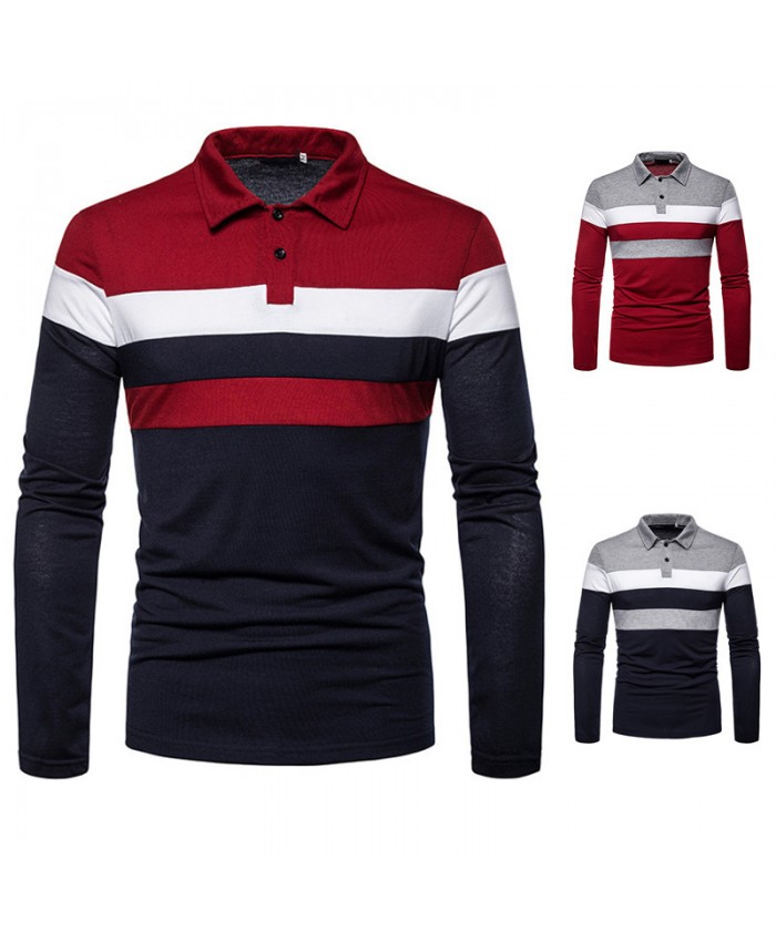 Men Fashion Casual Color Matching Long Sleeve Lapel Polo Shirt