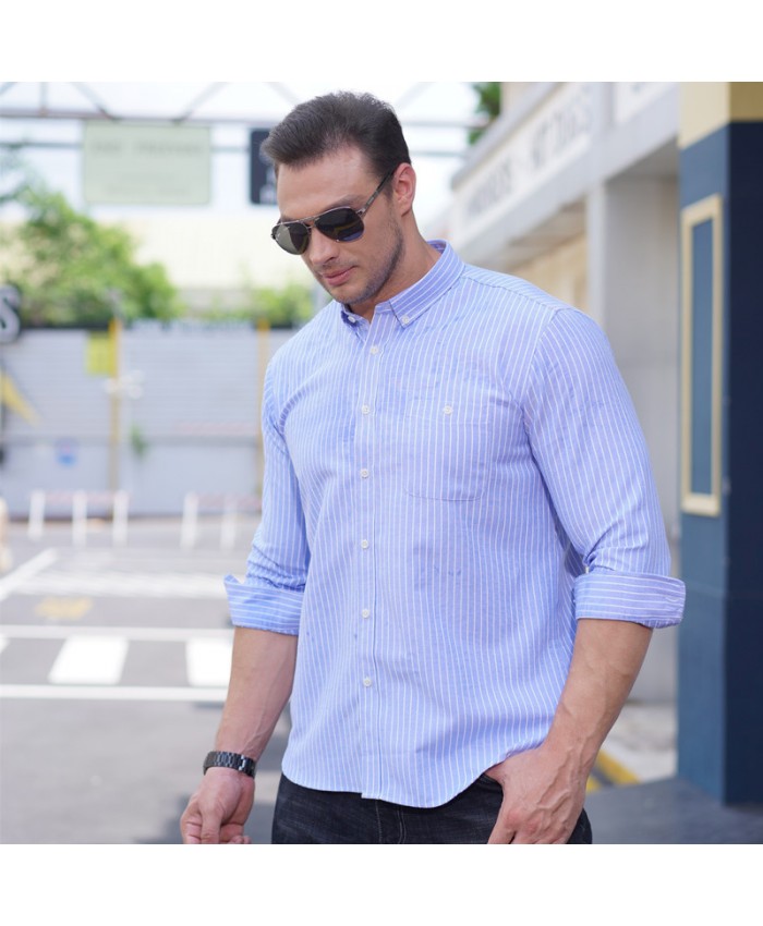 Men Fashion Casual Stripe Print Plus Size Long Sleeve Lapel Shirt