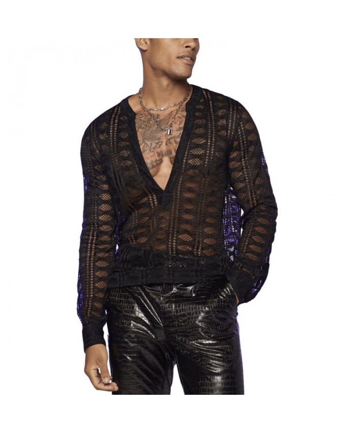 Men Fashion Casual Lace Hollow Solid Color Long Sleeve V Neck Shirt