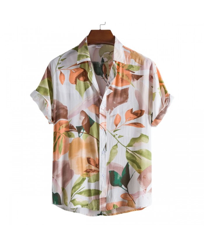 Men Summer Fashion Casual Vacation Tiny Flower Print Short Sleeve Lapel Shirt