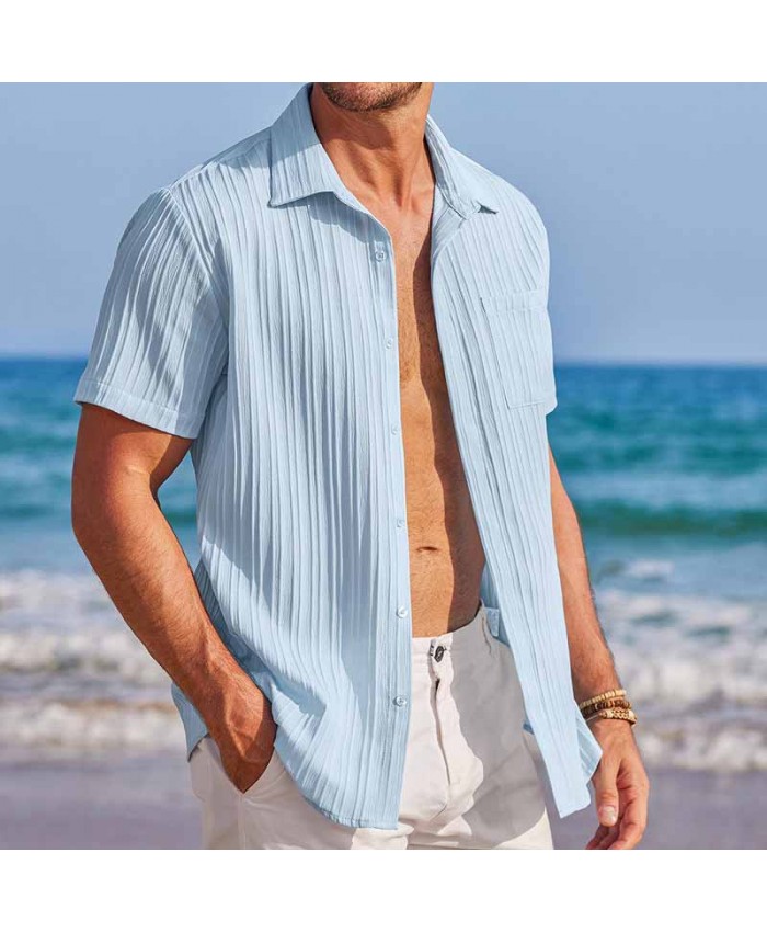 Men Fashion Casual Basic Solid Color Stripe Short Sleeve Lapel Shirt