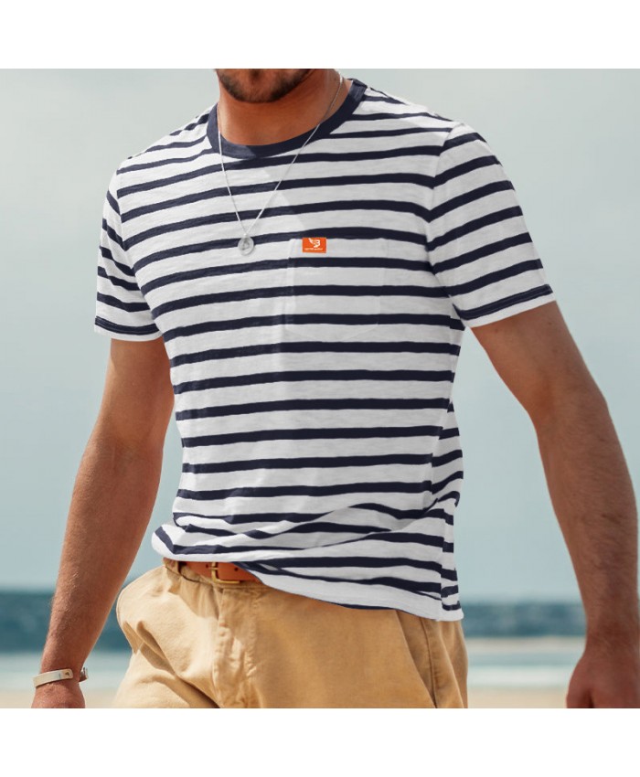 Summer Men Fashion Casual Stripe Short Sleeve Round Neck T-Shirt