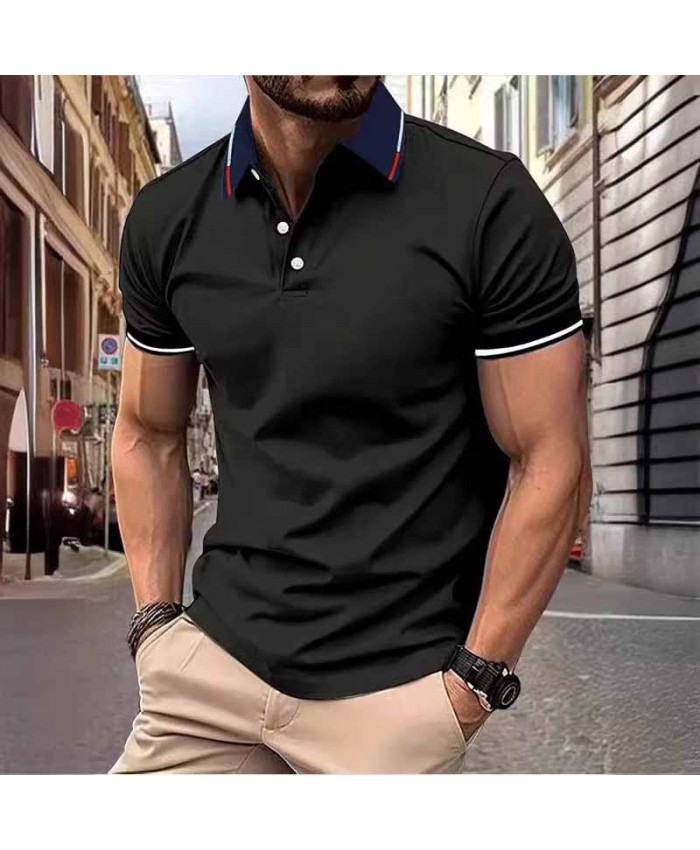 Men Fashion Casual Basic Stripe Short Sleeve Lapel POLO Shirt