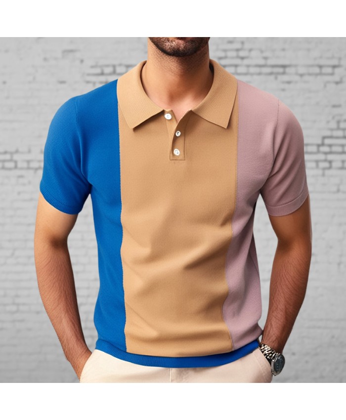 Men Fashion Casual Business Color Matching Knitted Short Sleeve Lapel POLO Shirt