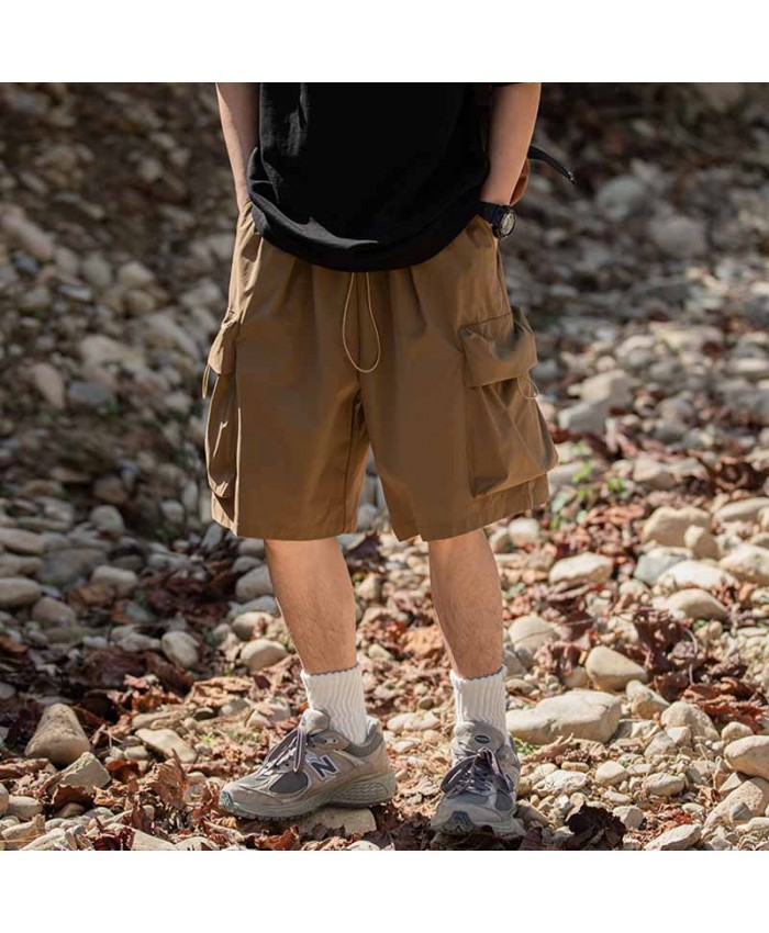 Men Casual Athleisure Solid Color Loose Drawstring Waist Cargo Shorts