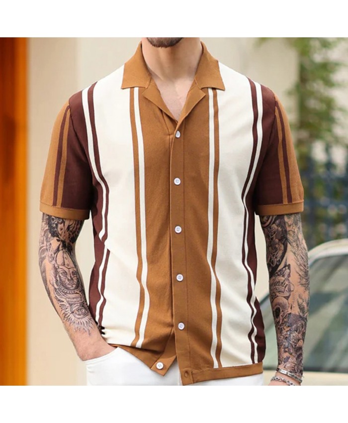 Men Fashion Casual Color Matching Stripe Cardigan Knitted Short Sleeve Lapel Shirt